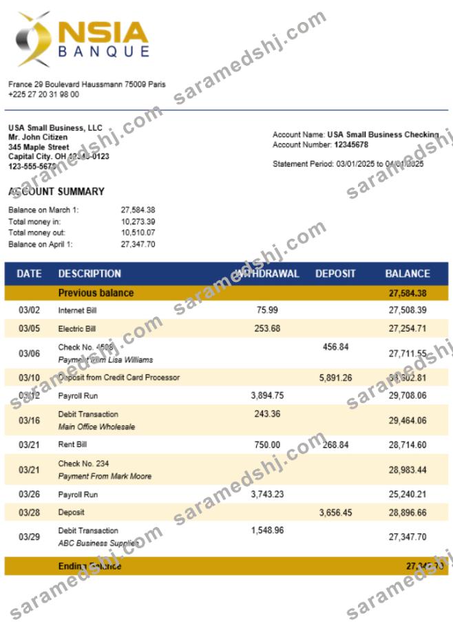 NSIA Banque business bank statement Word and PDF format